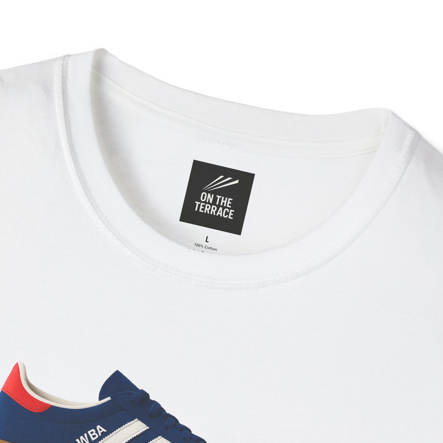 White cotton T-shirt with On The Terrace label and blue sneaker graphic with red detail