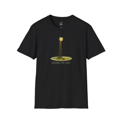 Black t-shirt with a graphic design on a white background