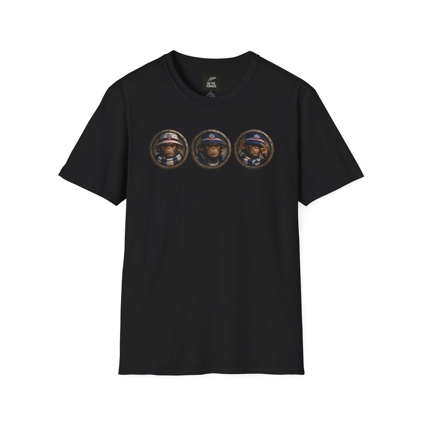 On The Terrace Northern Monkeys black graphic t-shirt featuring retro Bolton Wanderers inspired terrace casuals artwork.