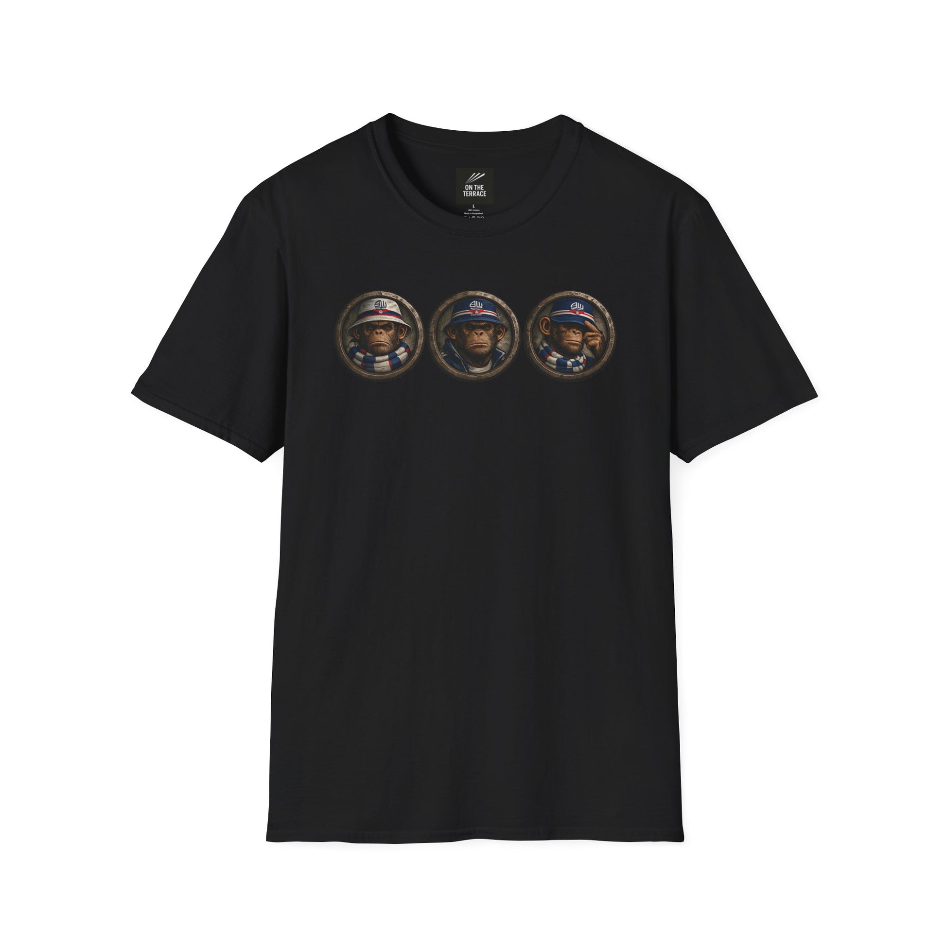 On The Terrace Northern Monkeys black graphic t-shirt featuring retro Bolton Wanderers inspired terrace casuals artwork.