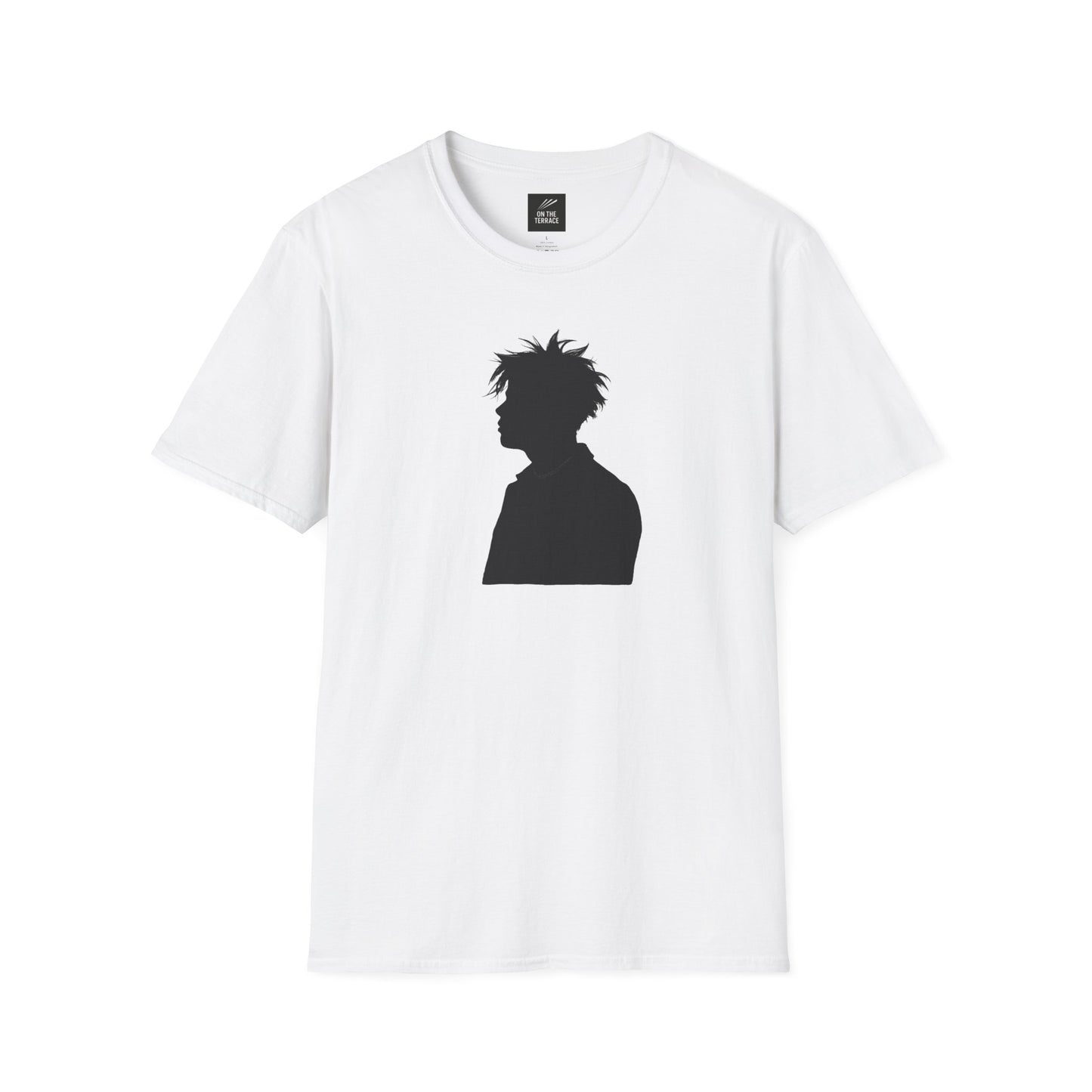 White t-shirt with black silhouette of a spiky-haired person in profile on front