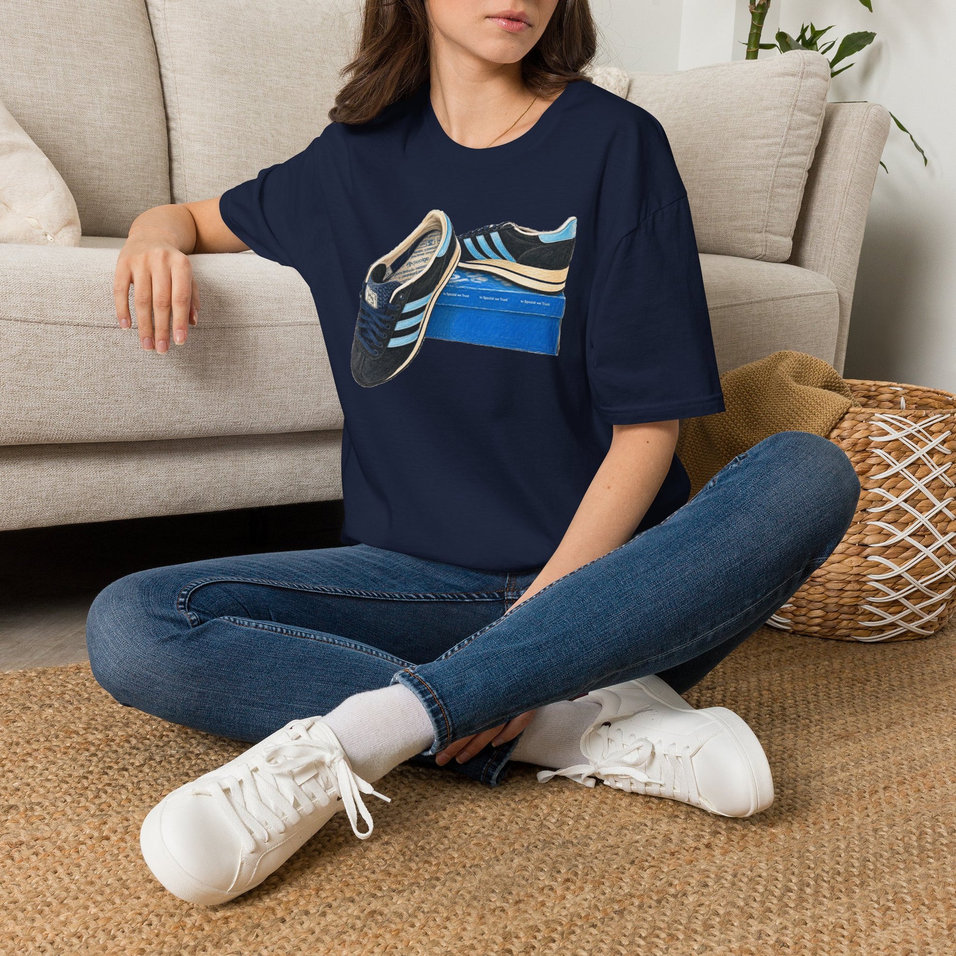 Navy blue retro sneaker graphic t-shirt with vintage trainer and shoebox print