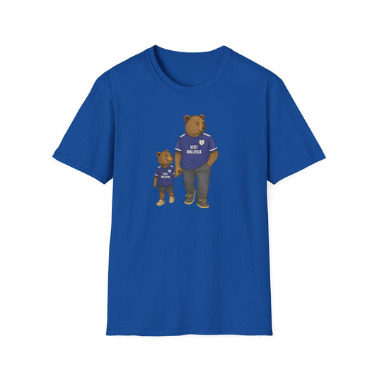 Blue t-shirt with illustration of two bears wearing 'Visit Malaysia' shirts holding hands