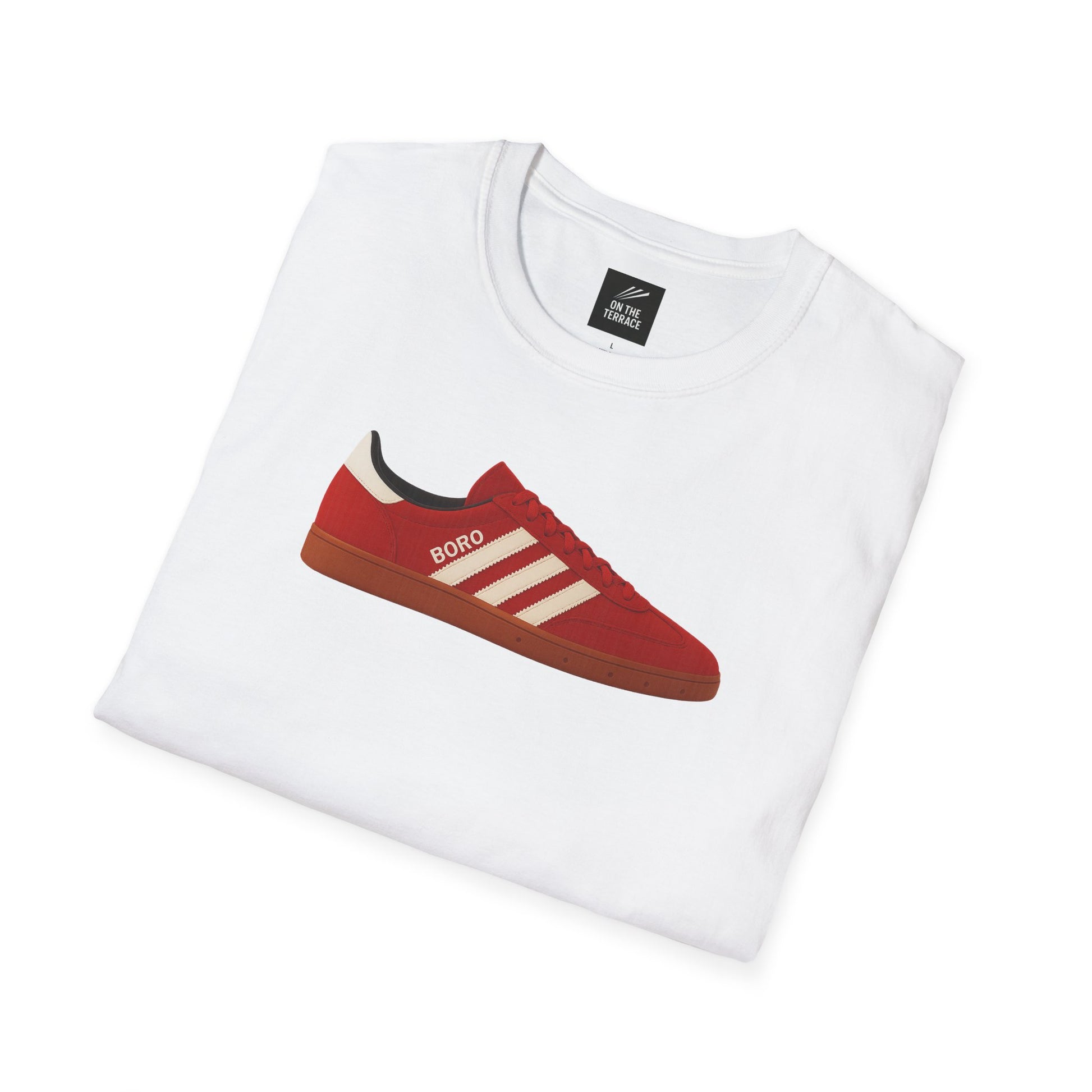 White folded t-shirt with a red sneaker graphic and 'BORO' text printed on front
