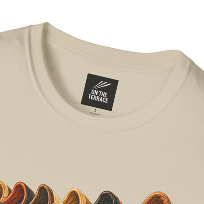 Beige multi retro sneaker graphic t-shirt with colorful vintage trainer collection print
