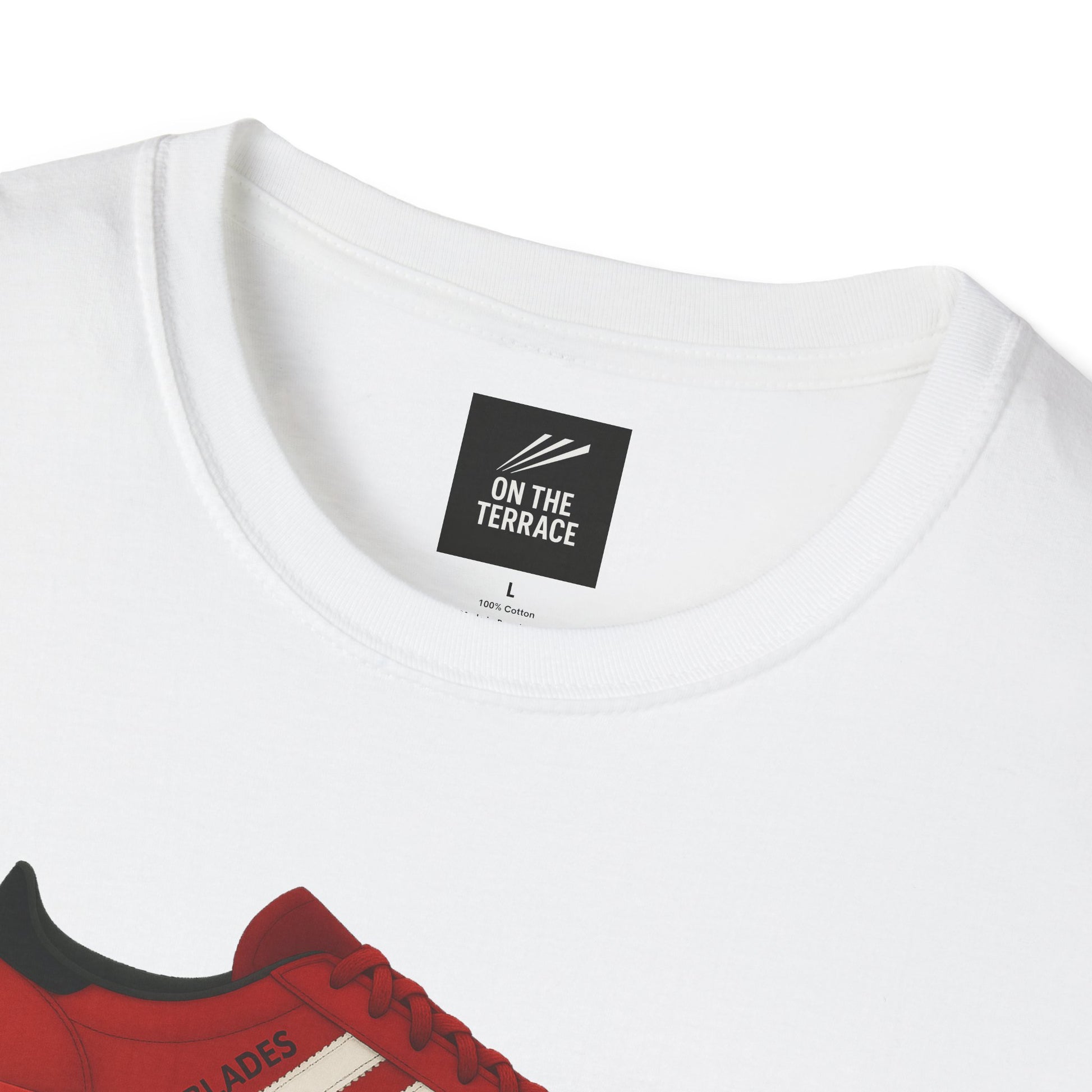 Close-up of white cotton t-shirt with On The Terrace brand label and red sneaker graphic