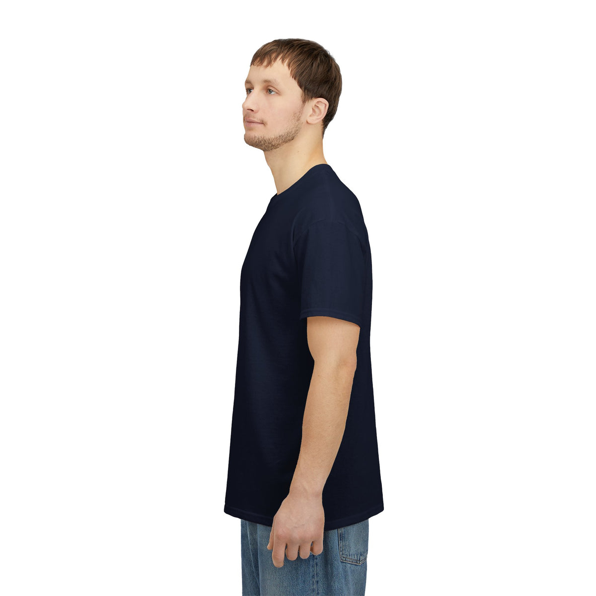 Side view of man in jeans wearing the navy Awayday Routine tee
