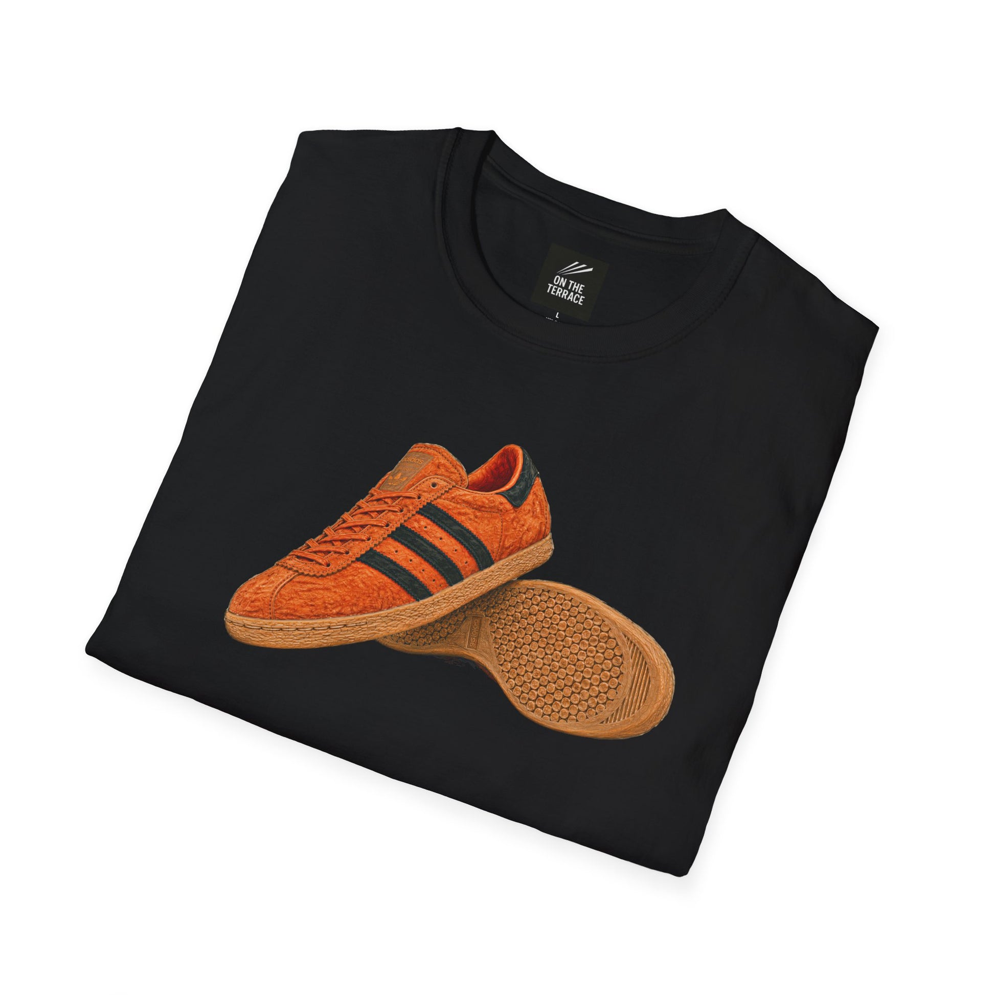 Black t-shirt with orange retro sneaker graphic print showing side and sole view