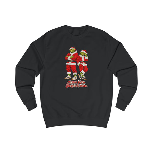 Black Northern Monkeys Christmas jumper with two chimp casuals in Santa suits and Festive Mood Terrace Attitude slogan