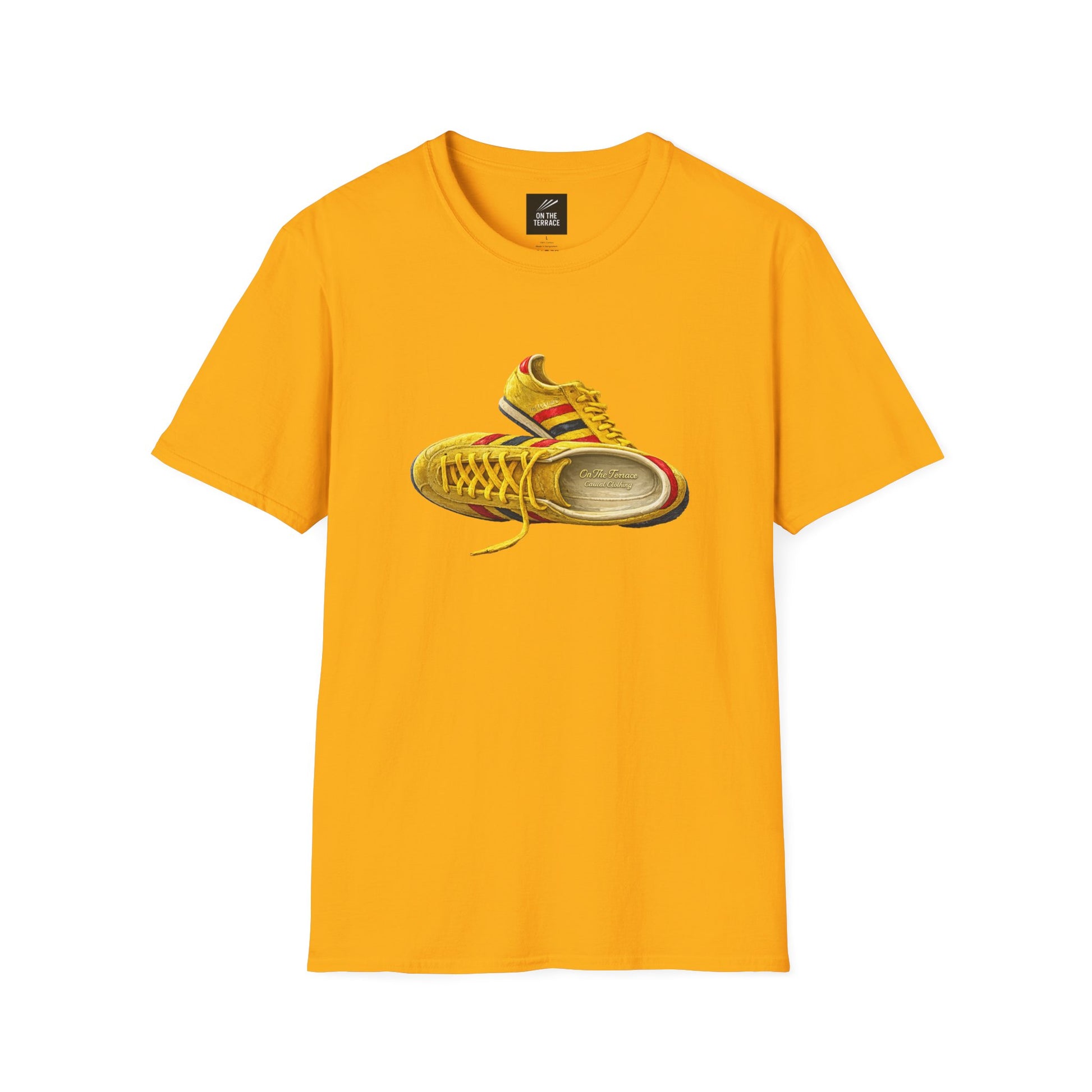 Gold t-shirt with hand-illustrated yellow, navy and red retro terrace trainer sneaker graphic print, On The Terrace casual clothing brand
