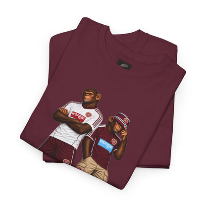 Folded maroon T-shirt showing the Hearts Monkeys Duo artwork