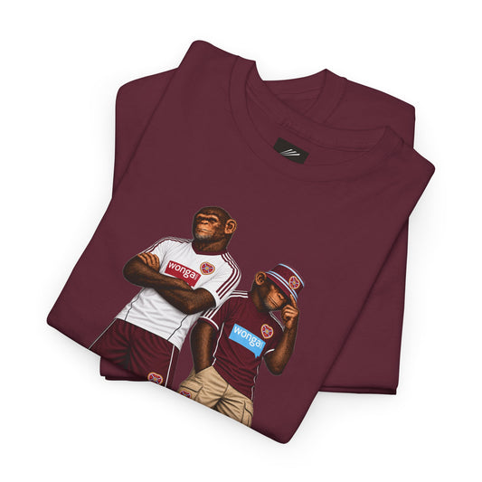 Folded maroon T-shirt showing the Hearts Monkeys Duo artwork