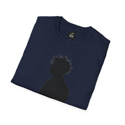 Navy blue folded t-shirt with a black silhouette of a spiky-haired person looking up, On The Terrace brand tag