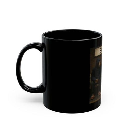 A high-gloss black ceramic mug features a rectangular graphic of three chimpanzees dressed as 1980s football casuals sitting on a railway platform bench. Above them hangs a vintage cream station sign with the word "BOLTON" in black capital letters. The monkeys wear casual coats, hoodies, retro low-profile trainers, and navy, white, and red striped bar scarves against a brick wall background.