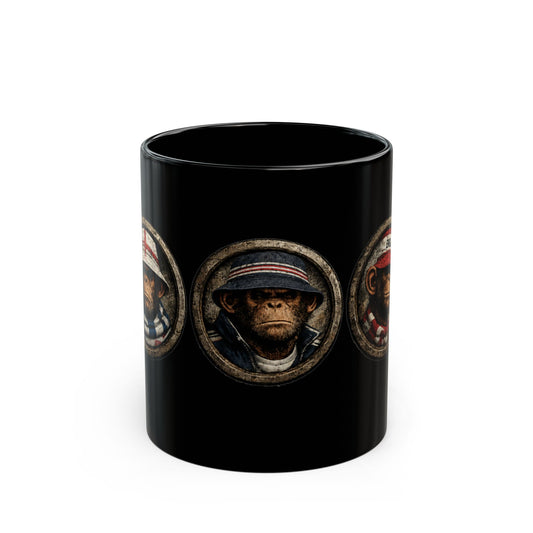 A black ceramic mug features three circular, stone-textured portrait emblems. The central emblem showcases a chimpanzee with a stern expression, wearing a navy blue casual jacket and a navy bucket hat with red and white stripes. The left emblem shows a monkey wearing an England St. George's cross bucket hat and a blue-and-white bar scarf. The right emblem shows a monkey in a red casual cap and scarf.