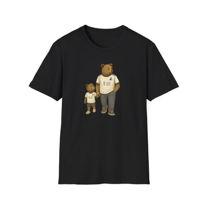 Black t-shirt with graphic of two bears on a white background