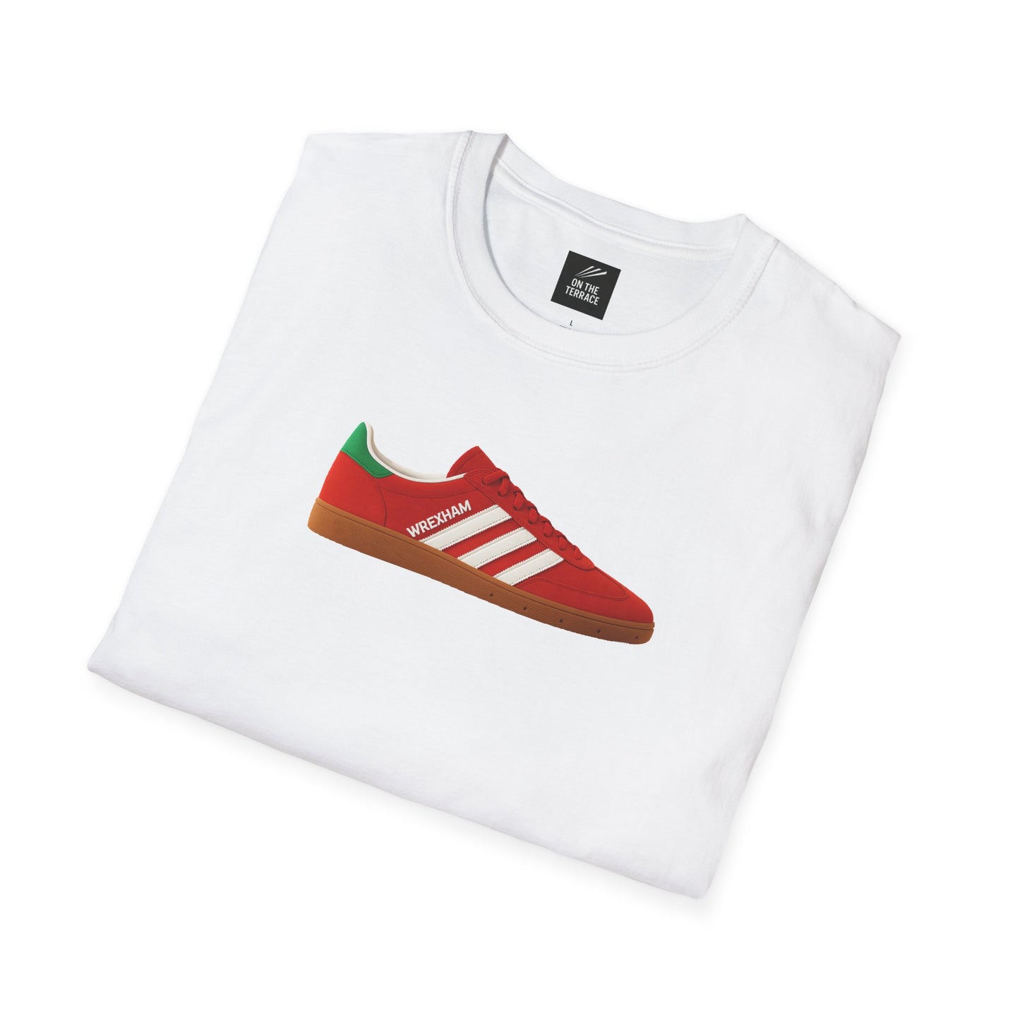 White folded t-shirt with red sneaker graphic and WREXHAM text, round neckline, labeled On The Terrace