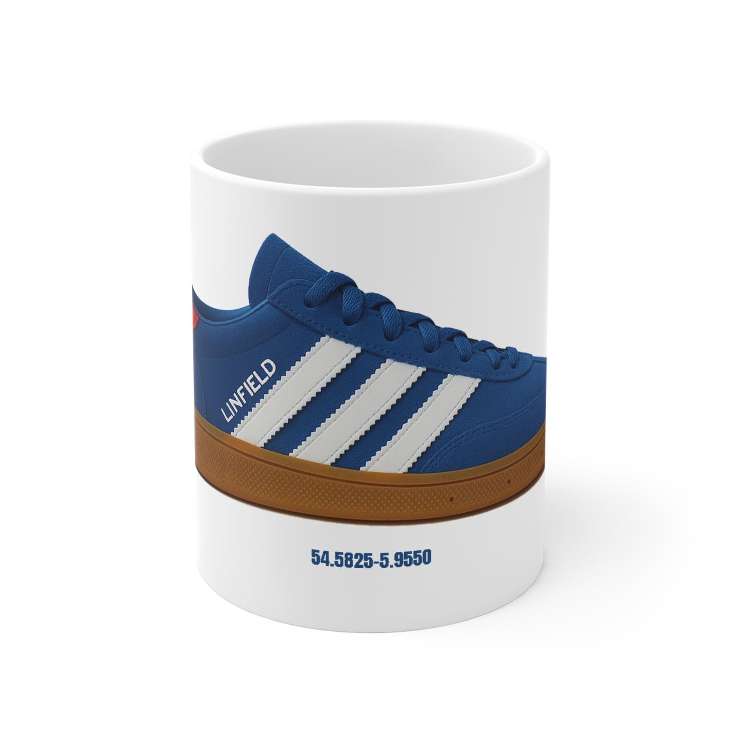 White mug featuring a blue Linfield sneaker with white stripes and coordinates printed below