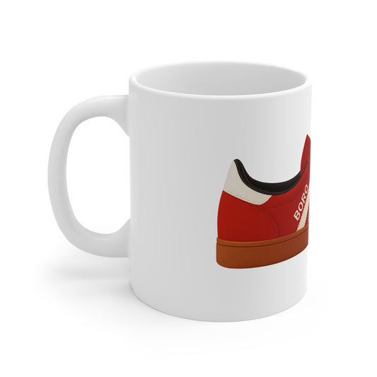 White ceramic mug featuring a red and white sneaker print with 'BORO' text on the side
