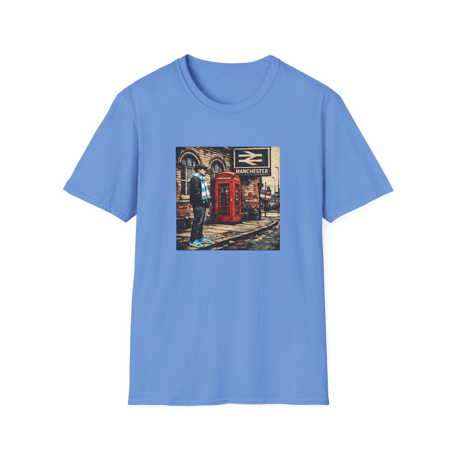 Blue t-shirt with a graphic of a man and red phone booth on a white background