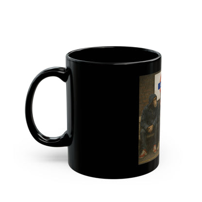 Arsenal casuals black mug, three chimps in red and white scarves on a tube bench, On The Terrace
