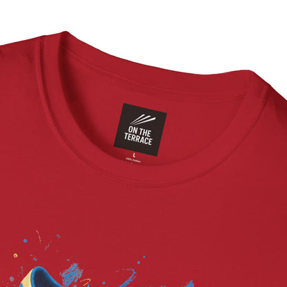 Close-up of a red crewneck t-shirt showing the inner neck label which reads 'ON THE TERRACE' on a white background.