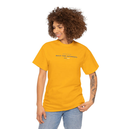 Woman in jeans wearing the gold Sheffield Built For Saturdays T-shirt