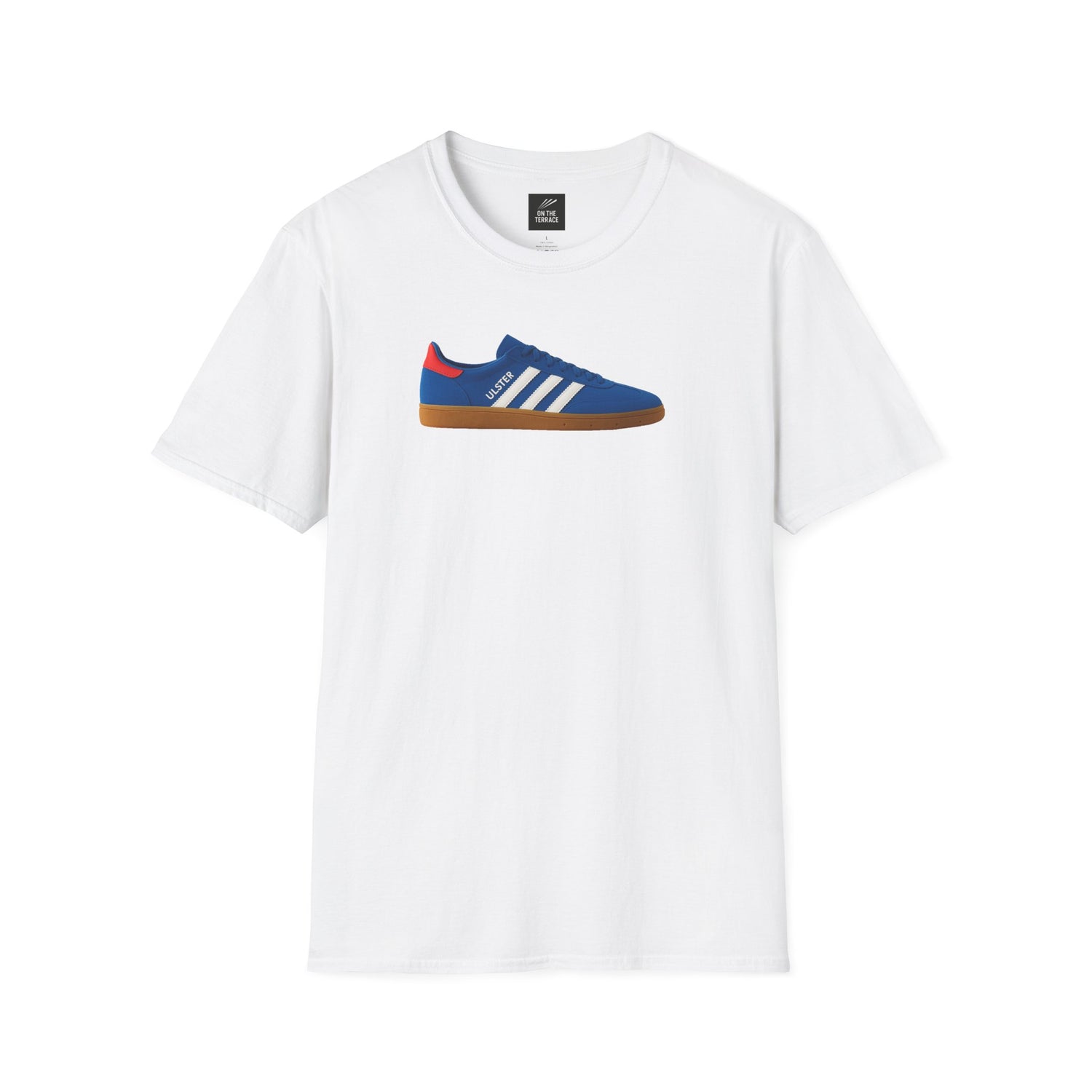 White t-shirt with blue trainer graphic and casual football style design