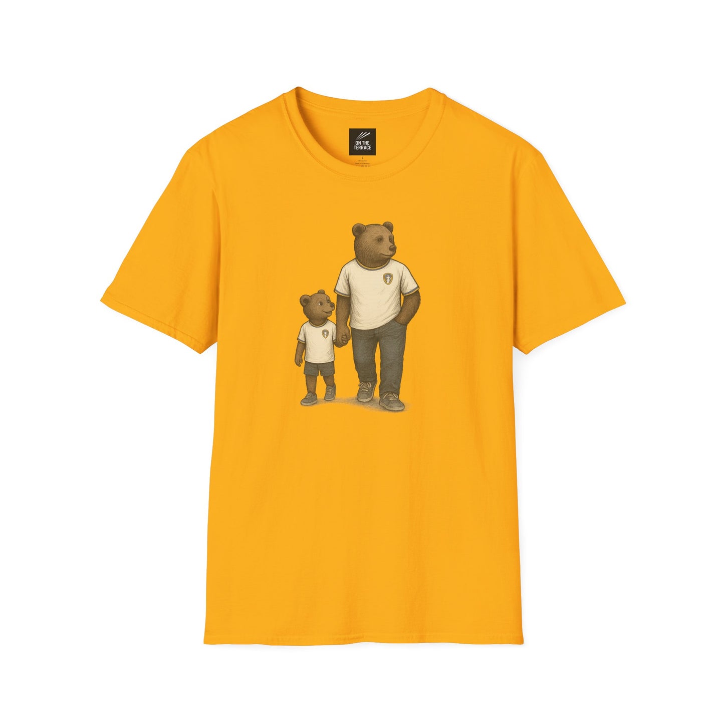 Yellow t-shirt with artwork of two bears holding hands wearing casual white shirts and sneakers