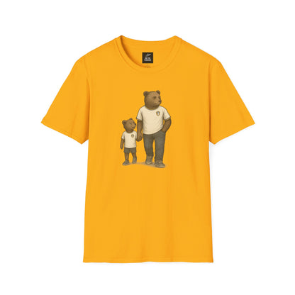 Leeds United Yellow t-shirt with artwork of two bears holding hands wearing casual white shirts and sneakers