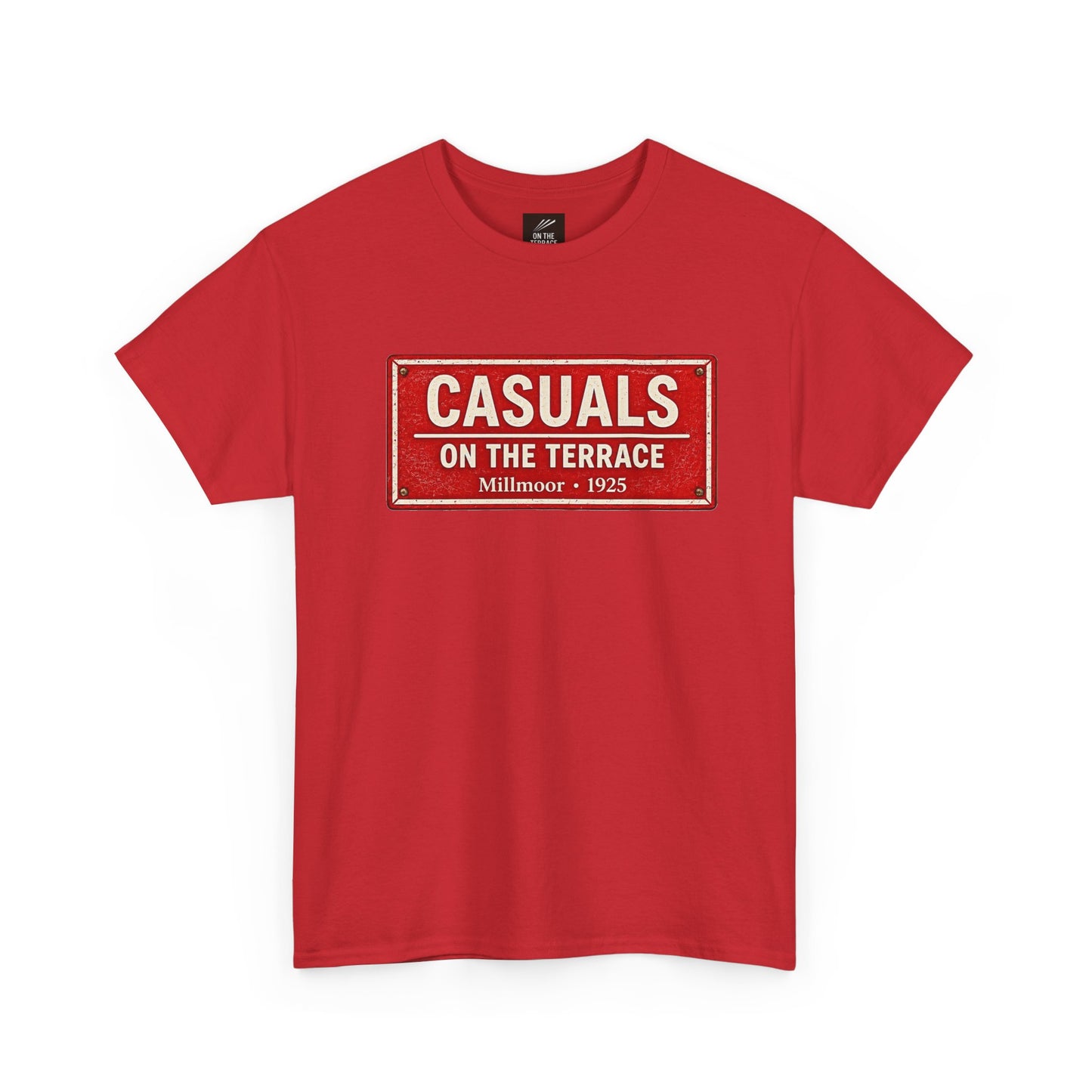 A red short-sleeve Rotherham t-shirt with a vintage-style rectangular graphic on the chest that reads 'CASUALS ON THE TERRACE Millmoor - 1925' in cream and white lettering.