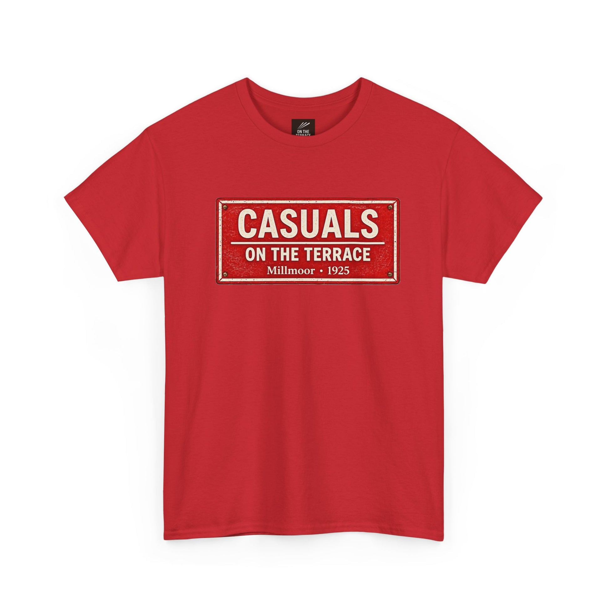 A red short-sleeve Rotherham t-shirt with a vintage-style rectangular graphic on the chest that reads 'CASUALS ON THE TERRACE Millmoor - 1925' in cream and white lettering.