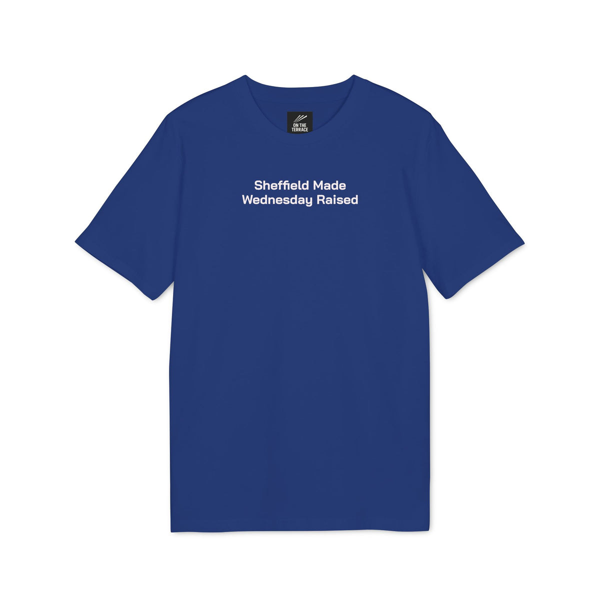 Front of royal blue Sheffield Wednesday embroidered T-shirt with white chest lettering