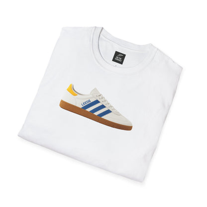 Leeds United  White t-shirt with a printed sneaker design on a white background