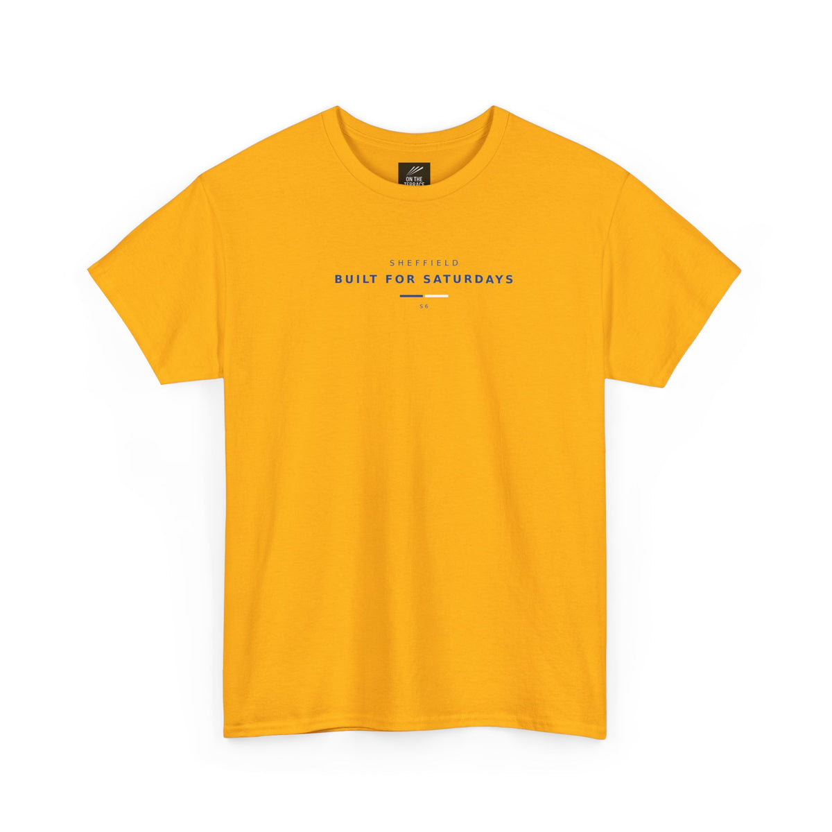 Gold Sheffield Wednesday T-shirt, front view with Sheffield Built For Saturdays S6 chest print