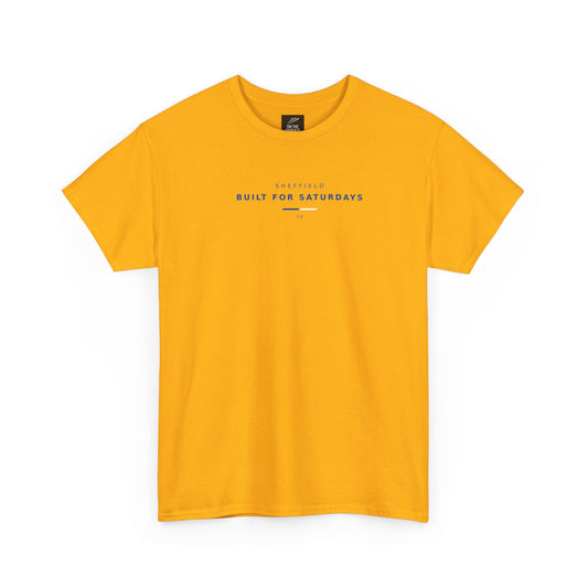 Gold Sheffield Wednesday T-shirt, front view with Sheffield Built For Saturdays S6 chest print