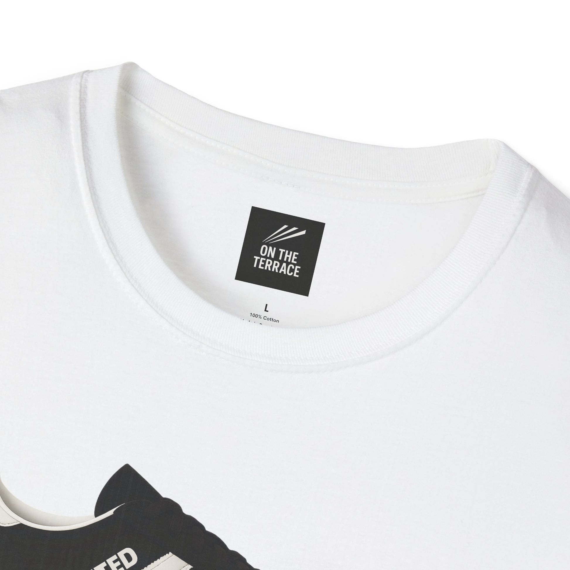 White cotton t-shirt with black tag labeled On The Terrace and shoe graphic at neckline