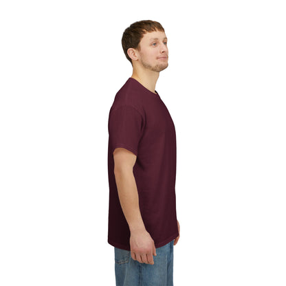 Side view of a man wearing the maroon Hearts Monkeys Duo T-shirt