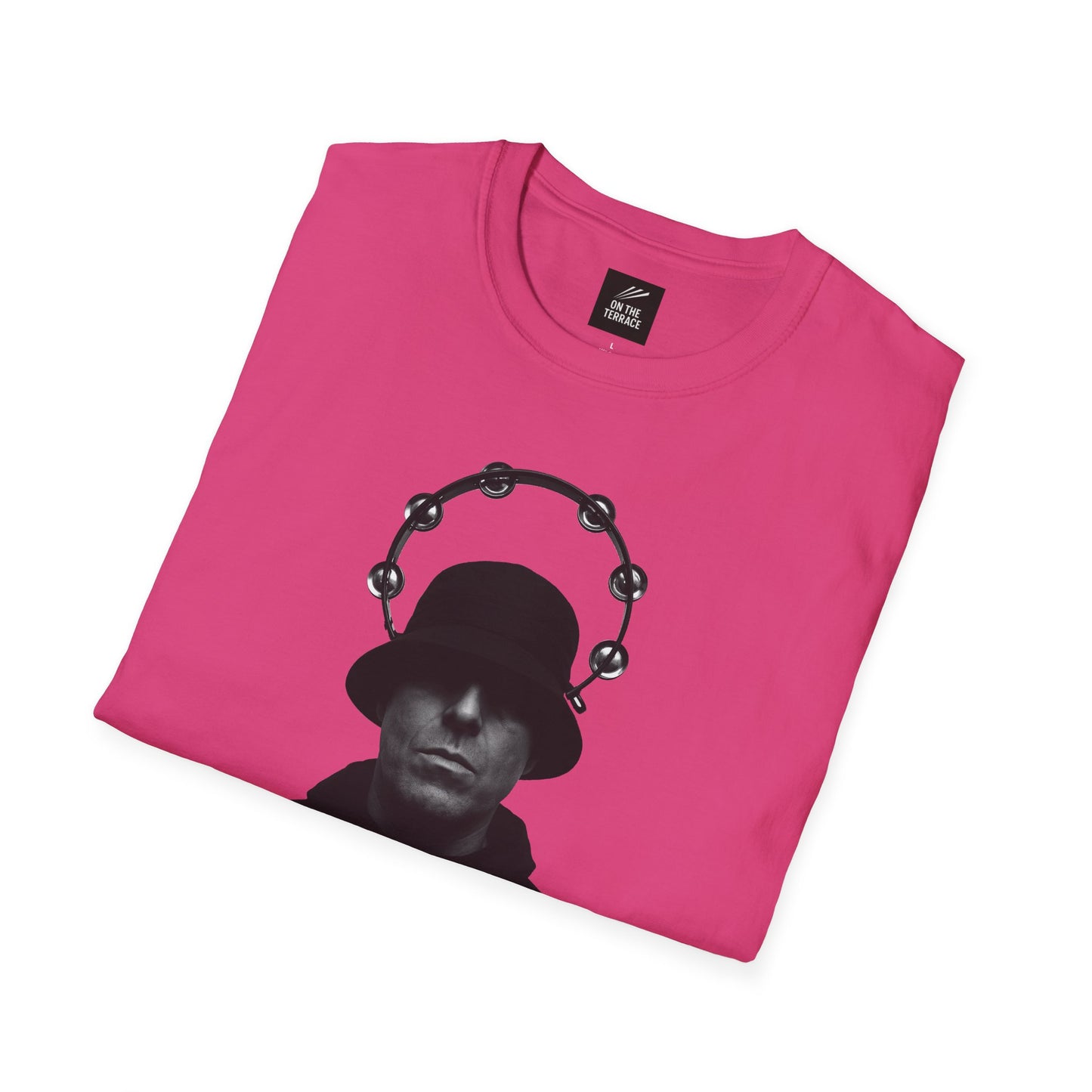 Oasis Liam Gallagher Shirt in pink with bold black silhouette and tambourine halo, perfect for Britpop fans and music fashion lovers.