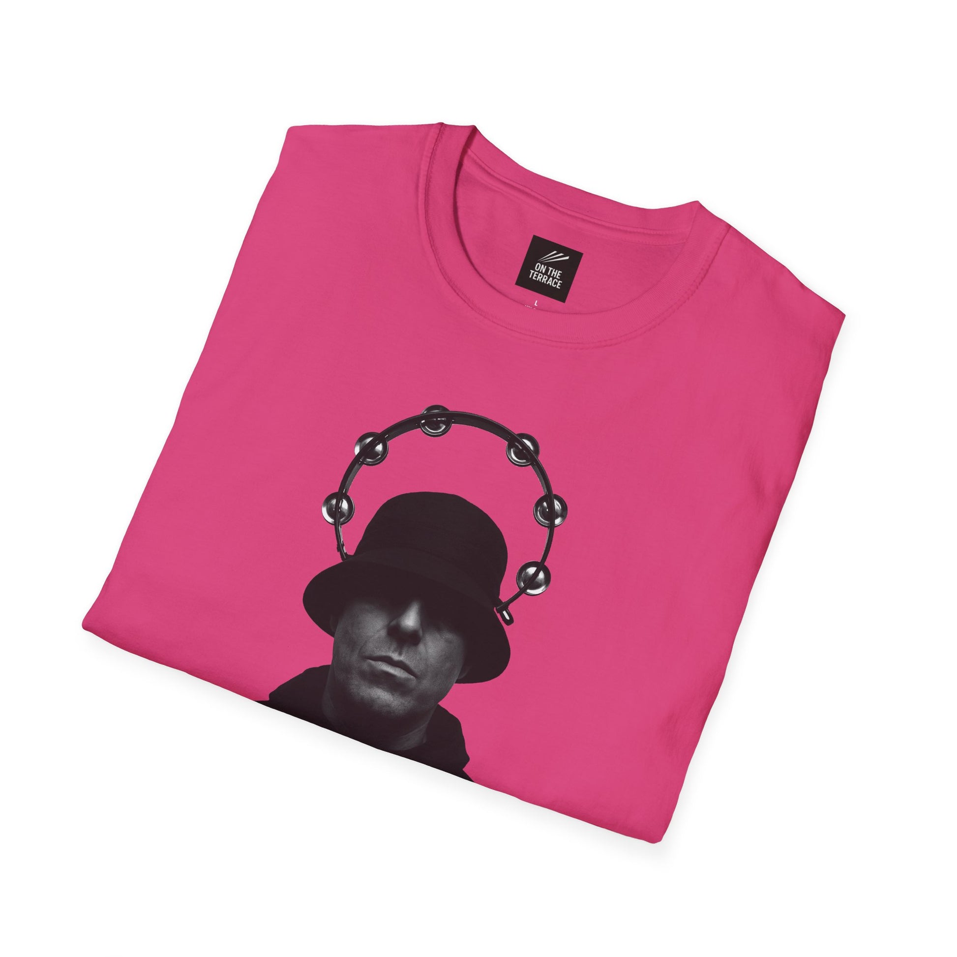Oasis Liam Gallagher Shirt in pink with bold black silhouette and tambourine halo, perfect for Britpop fans and music fashion lovers.