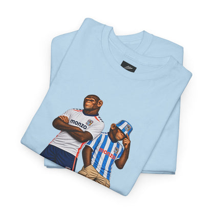 Folded sky blue T-shirt showing the Coventry Monkeys Duo artwork