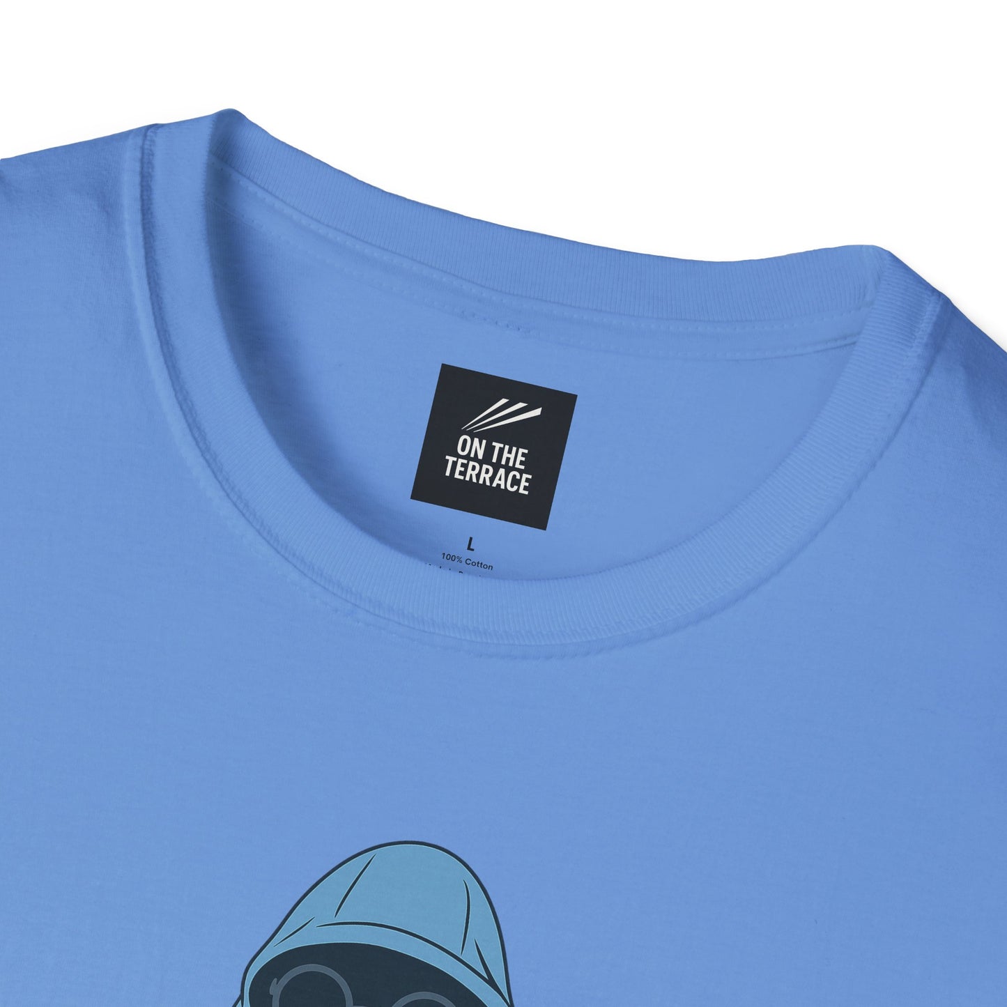 Light blue cotton t-shirt with On The Terrace label and partial cartoon design below neckline