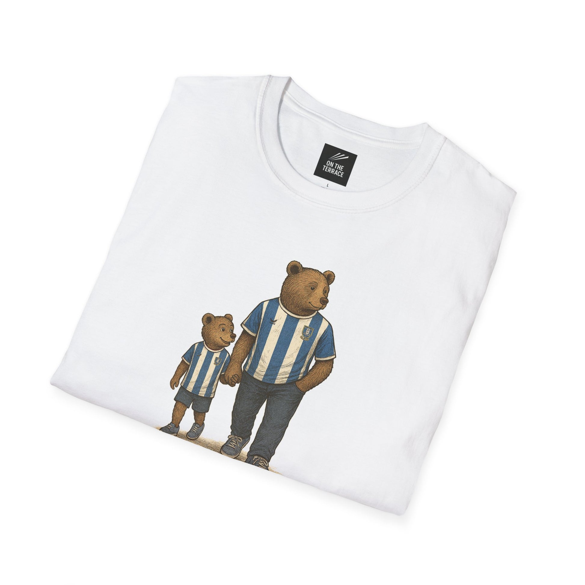White t-shirt with print of two bears wearing blue and white striped soccer jerseys holding hands