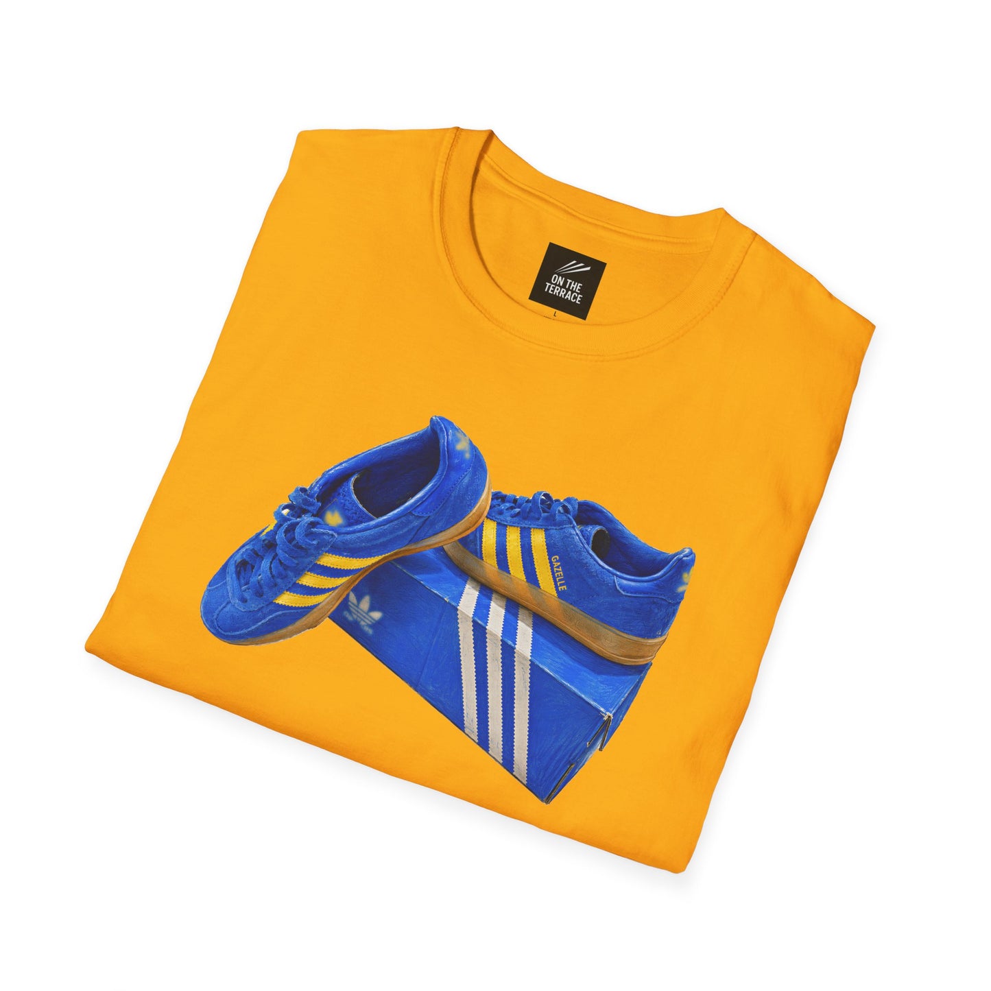 Yellow retro sneaker graphic t-shirt with blue vintage trainer and shoebox print