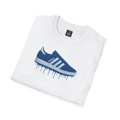 White t-shirt with blue sneaker graphic and dripped paint effect, folded neatly