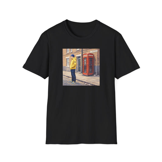 Black Leeds t-shirt featuring a football casual print of a man in a yellow jacket and blue hat by a classic red British phone booth on Elland Road