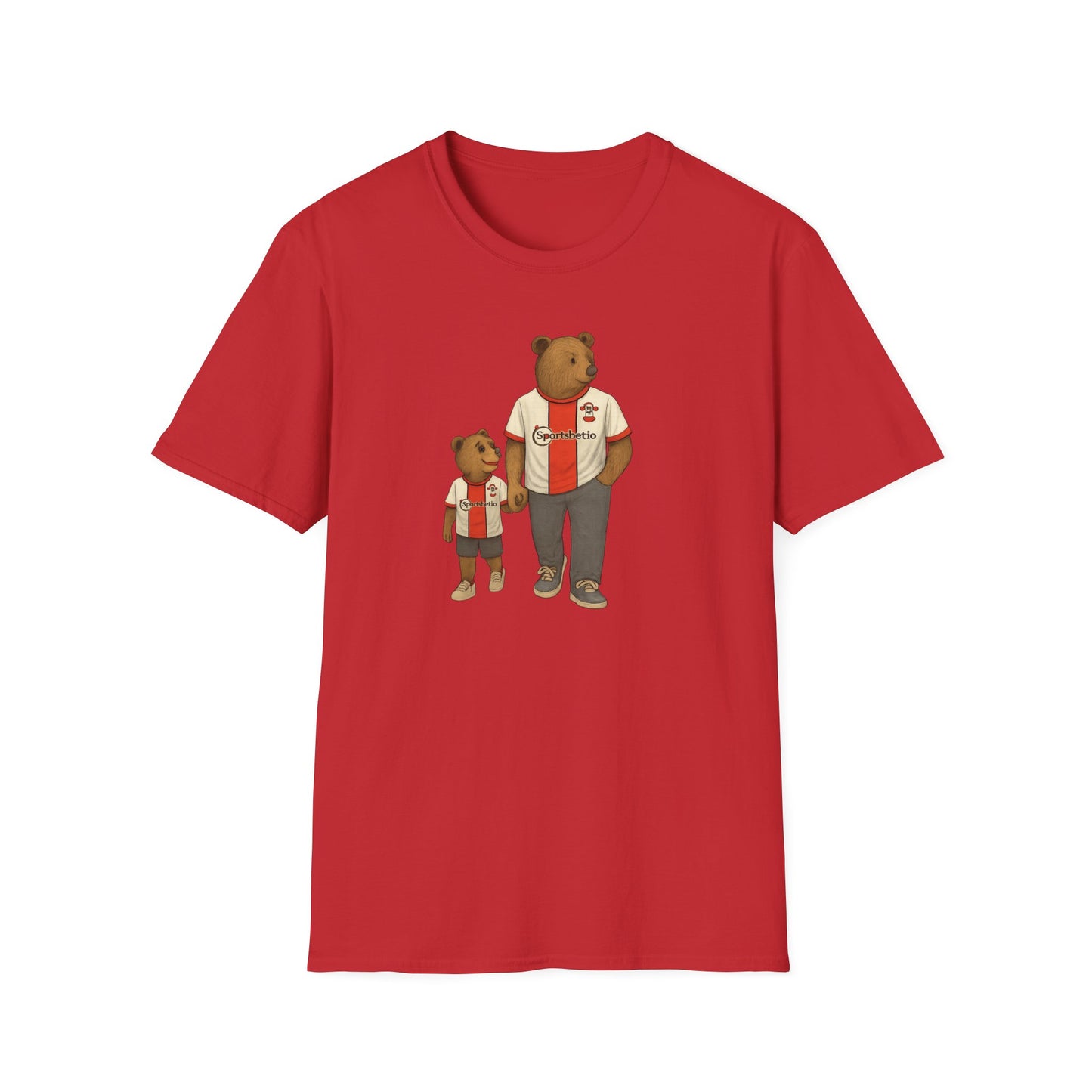 Red t-shirt with illustration of two bears wearing matching sports jerseys holding hands