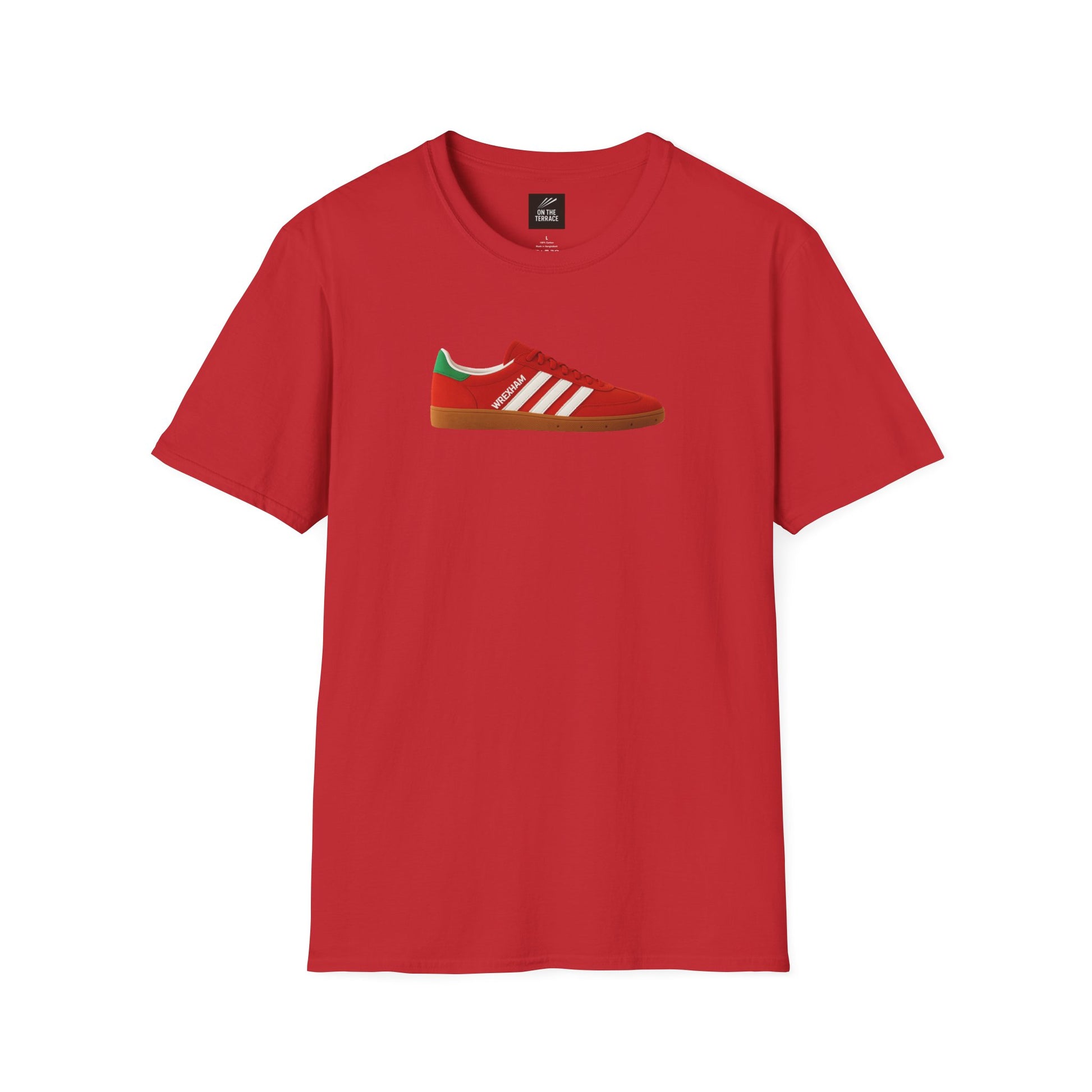 Wrexham Red t-shirt with graphic of a red sneaker featuring white stripes and green heel detail