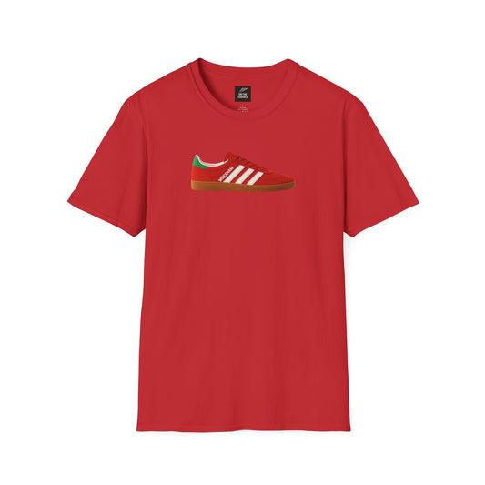 Wrexham Red t-shirt with graphic of a red sneaker featuring white stripes and green heel detail
