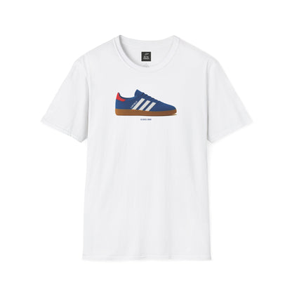 White t-shirt with blue sneaker graphic featuring white stripes and red heel tab